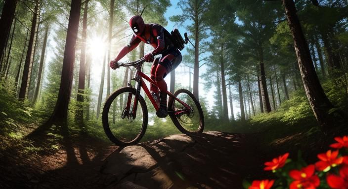 Deadpool riding  a mountain bike