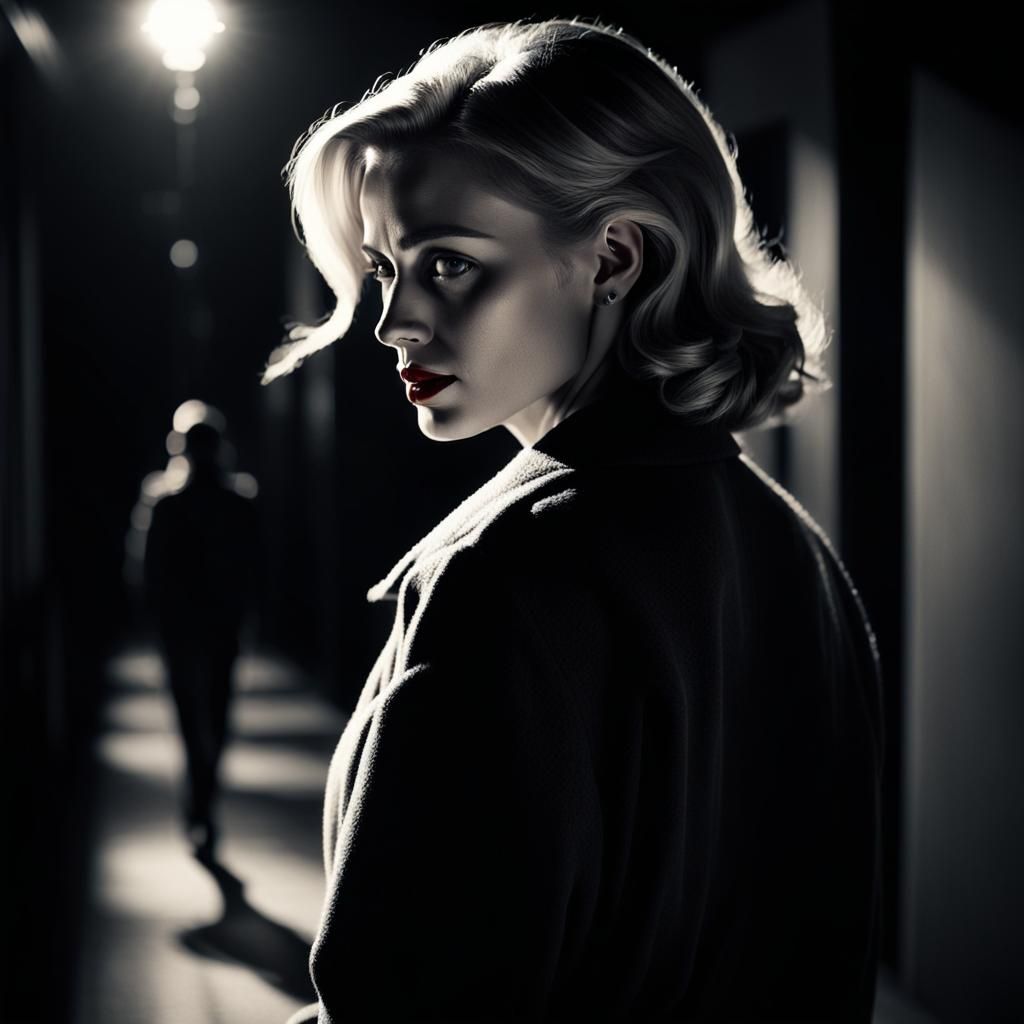 Film Noir Woman Looks Back in Dramatic Lighting
