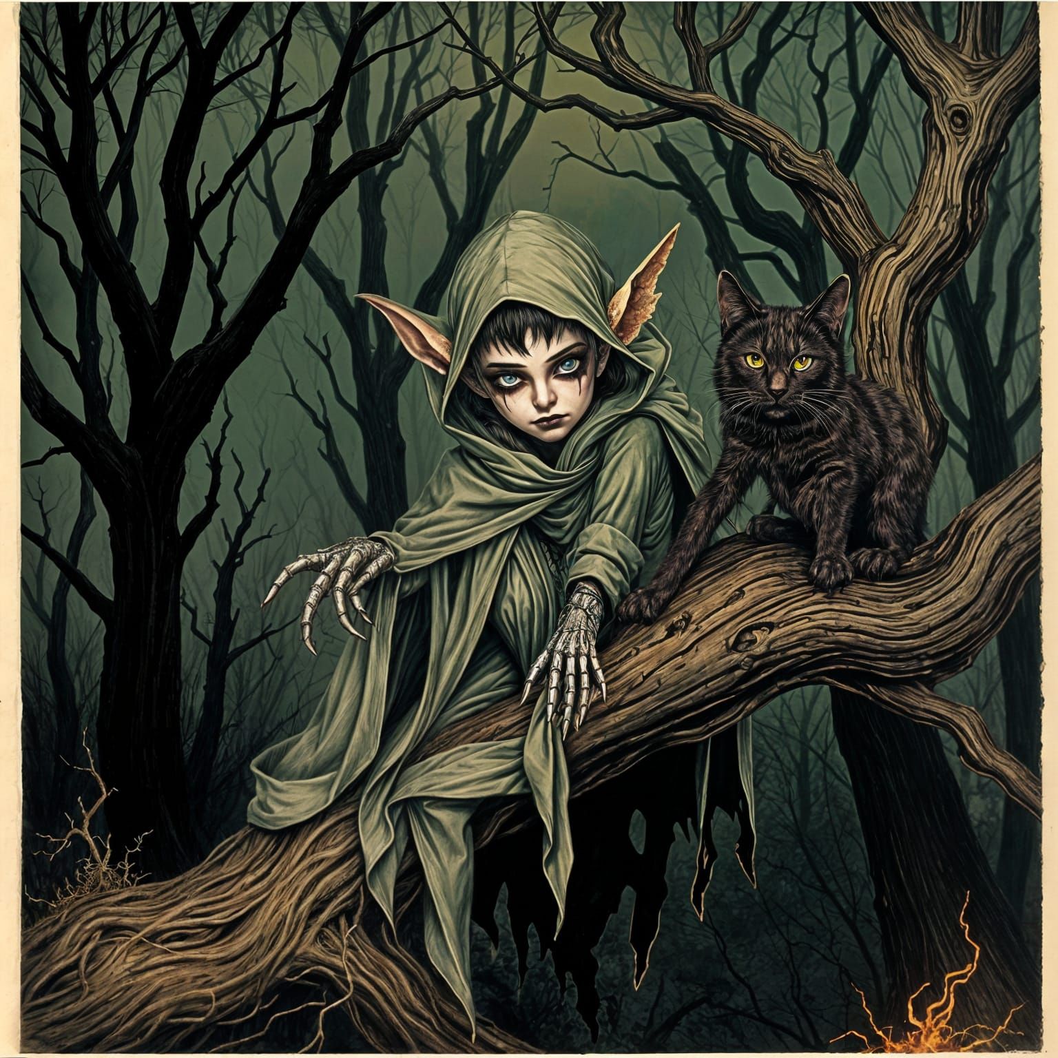 Haunted Gothic Elf on Twisted Tree Branch