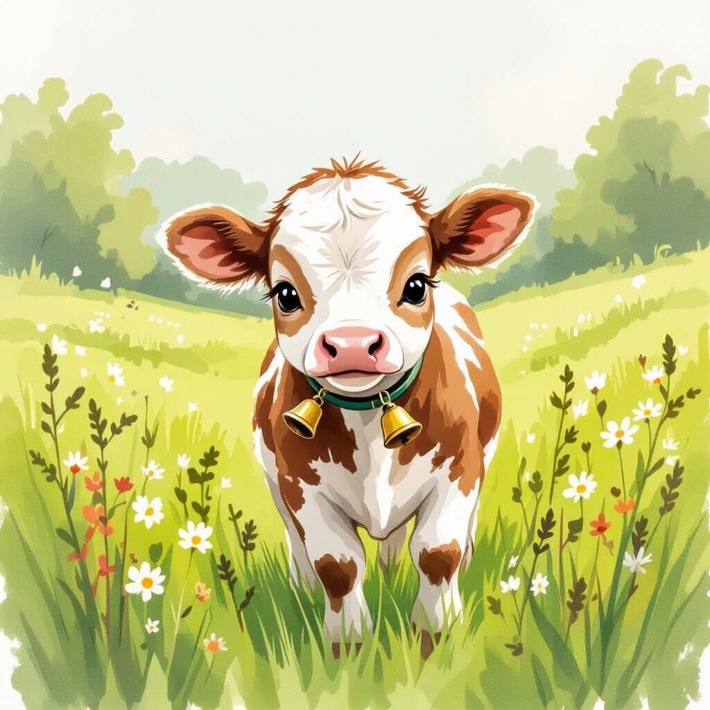 Adorable Baby Cow Frolicking in Meadow