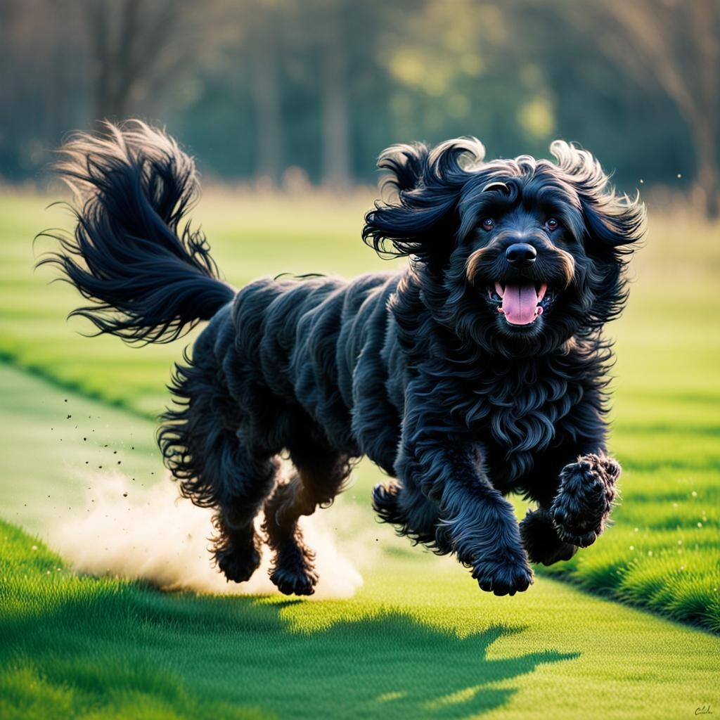 Happy Black Poodle Running in Sunny Field