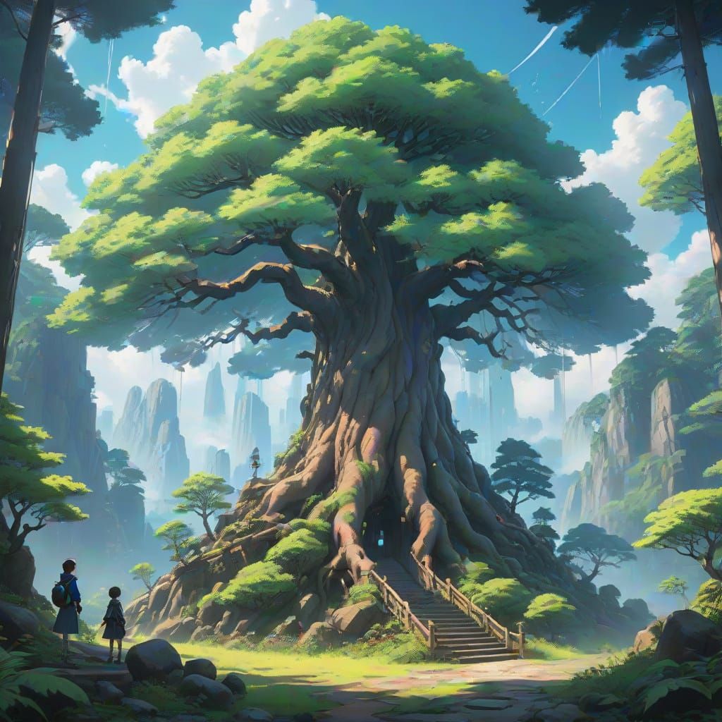 Majestic Tree in Lush Forest, Watercolor Anime Style