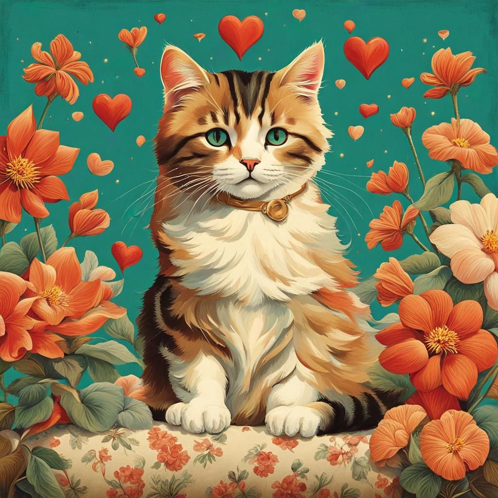 Cat Surrounded by Flowers in Vargas Style
