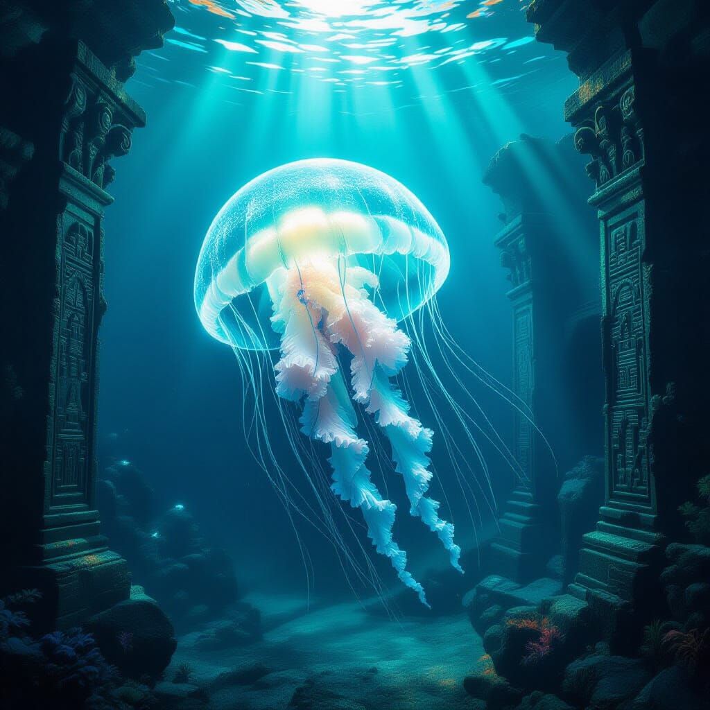 Bioluminescent Jellyfish in Ancient Sunken City