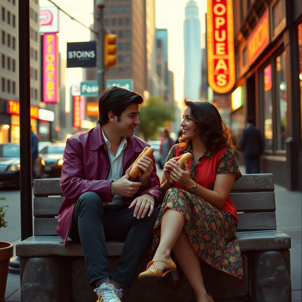 80s New York City Couple Shares Hot Dog on Stone Bench