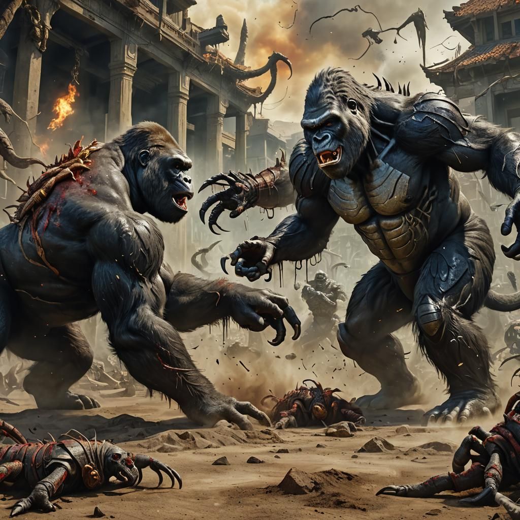 Epic Battle: Gorilla vs Scorpion in Apocalyptic Landscape