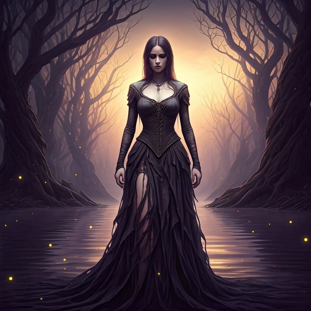 Grieving Woman by Misty Lake in Dark Fantasy Style