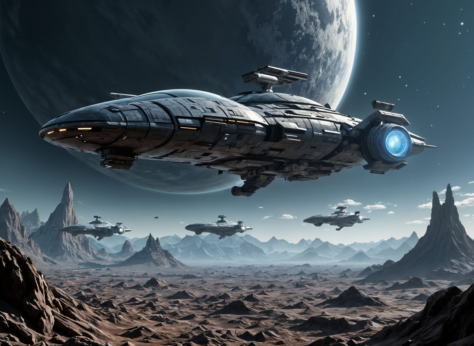 Futuristic Starships Departing Lunar Base in Space