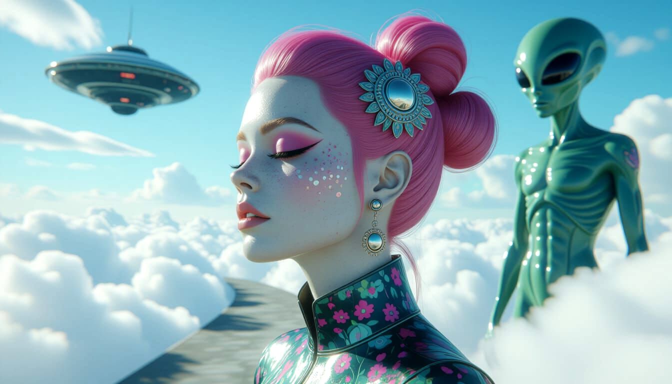 Psychedelic Alien Woman with Pink Hair in Surreal Sky