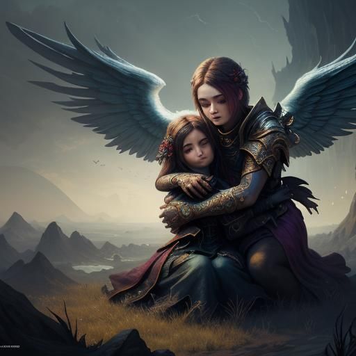Angel Hugging Girl: Detailed Fantasy Art