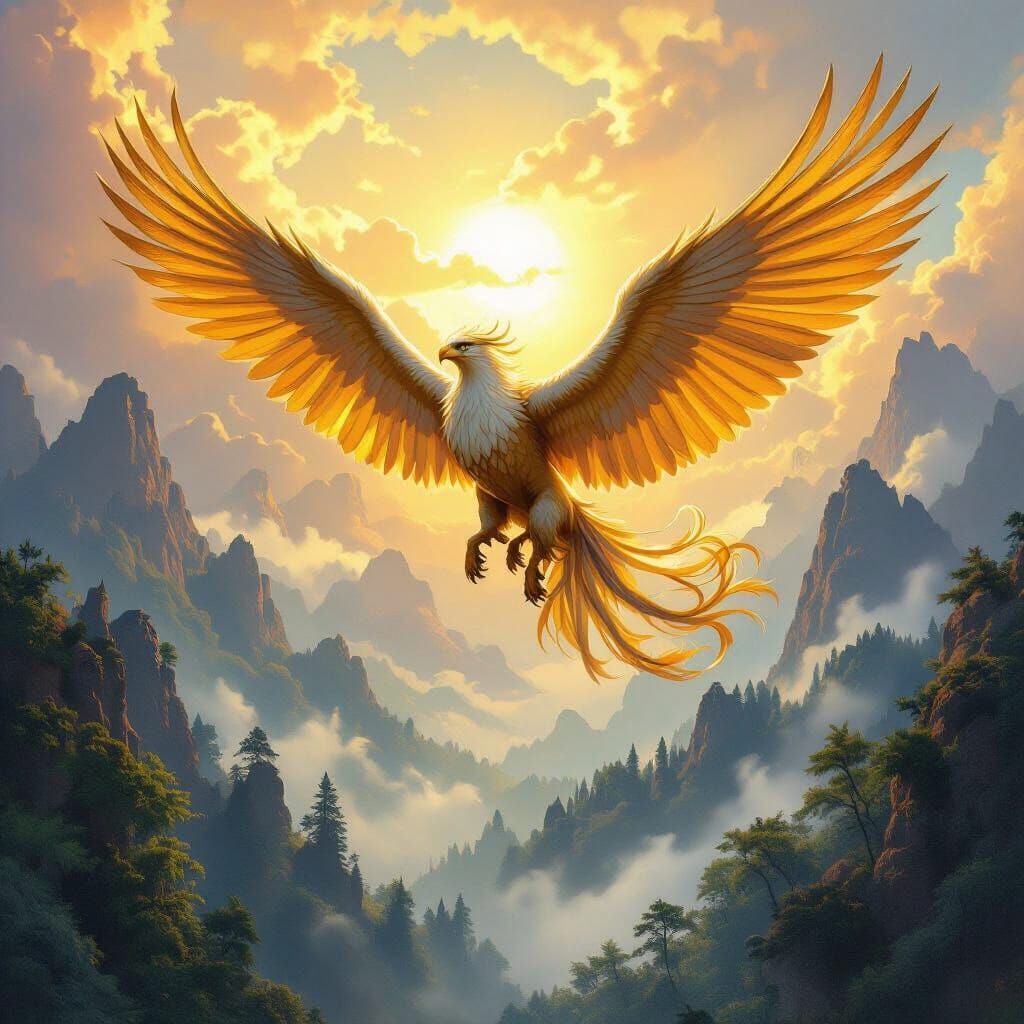 Griffin Soaring Above Ancient Forest in Fantasy Style