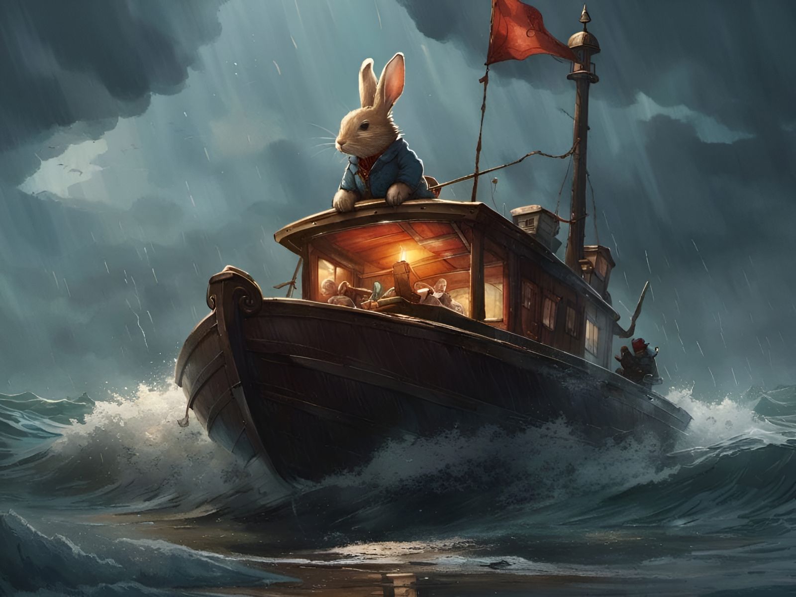 Rabbit's Voyage: Stormy Sea Adventure in Digital Illustratio...