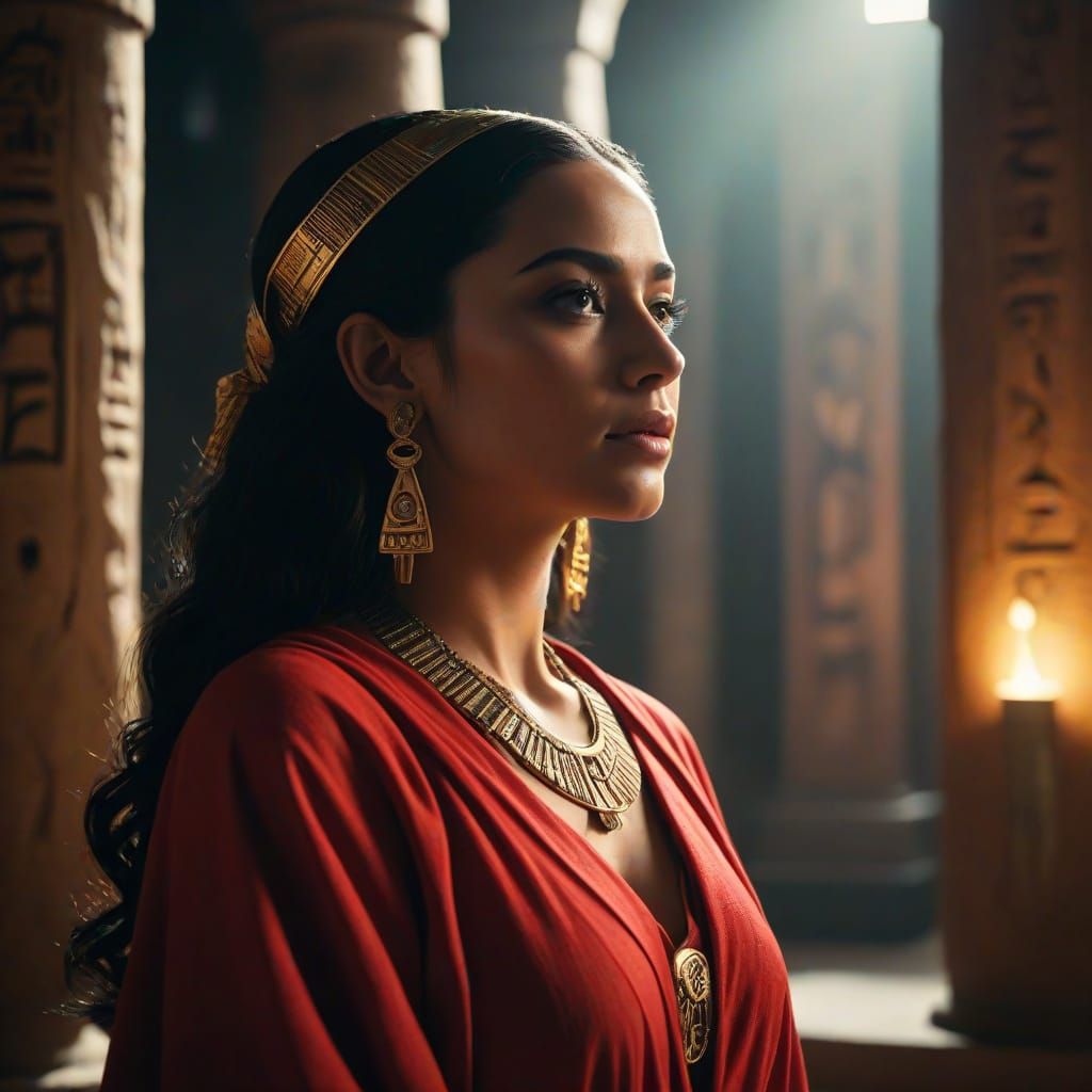 Egyptian Priestess in Ancient Temple With Glowing Hieroglyph...