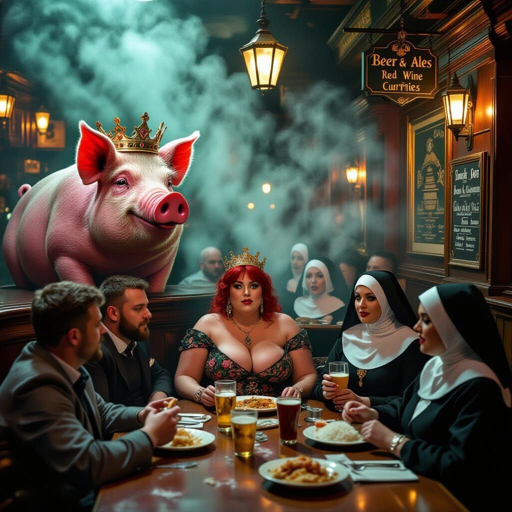 Gothic Pub Scene with Robot Nuns and Drunken Patrons