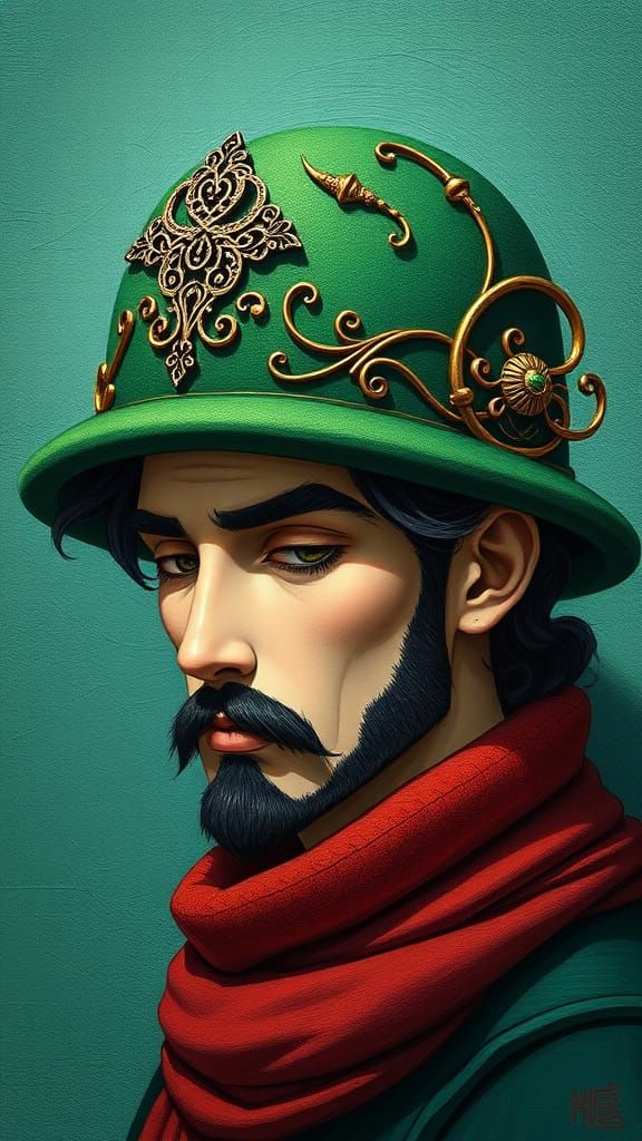 Forest Green Felt Hat Studio Ghibli cool colors contrasting colors deep color art Nouveau filigree quilling oil on canva...