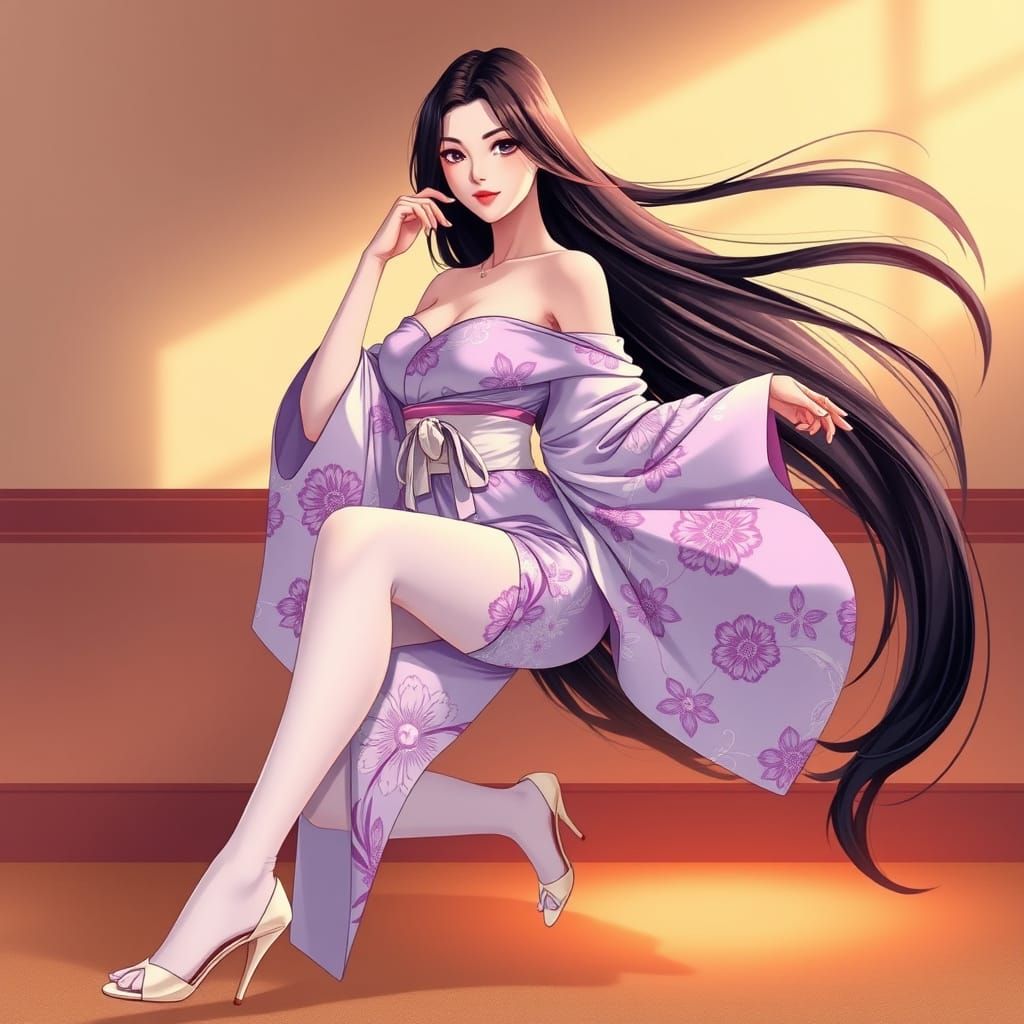 Exotic Anime-Inspired Geisha in Vibrant Lilac Kimono
