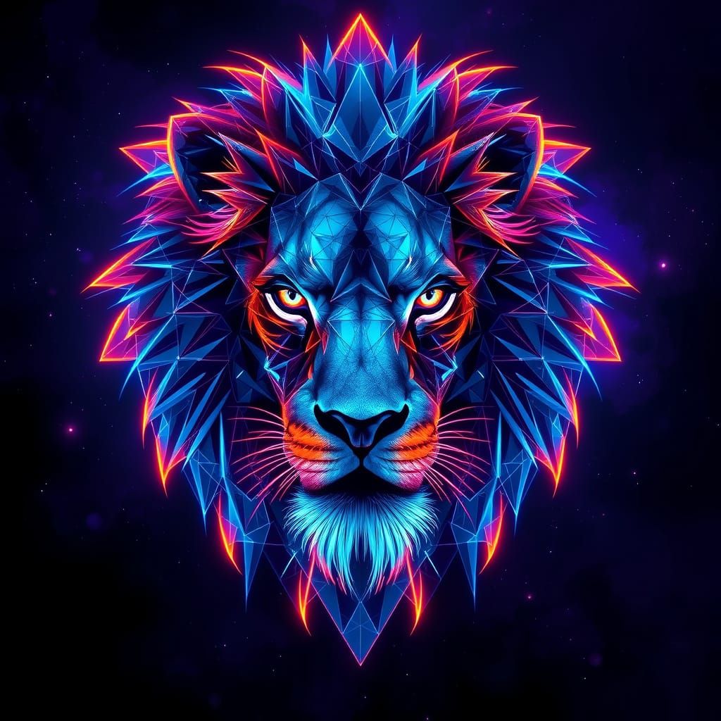 Glowing Neon Lion in Cosmic Futuristic Art