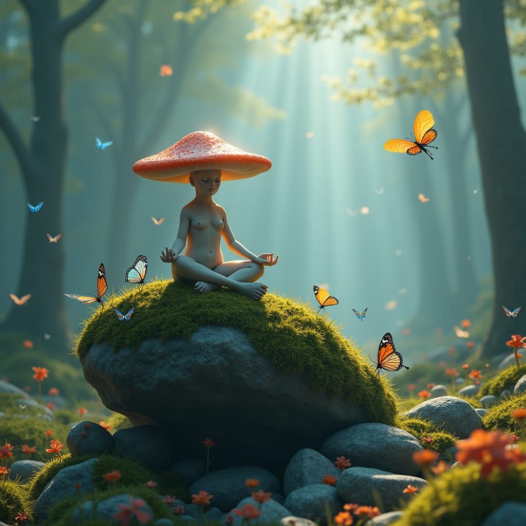 Mushroom Person Meditating in Forest, Hyperrealistic Matte P...