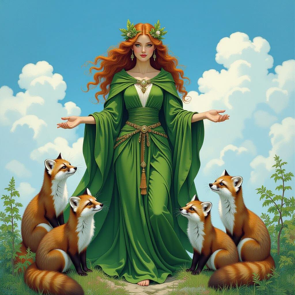 Forest Goddess with Pine Martens in Fantasy Style