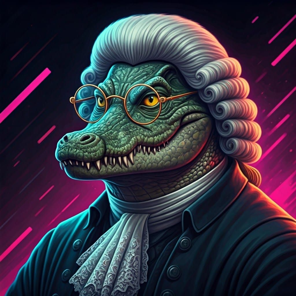 Elderly Crocodile Judge in 80s Synthwave Style