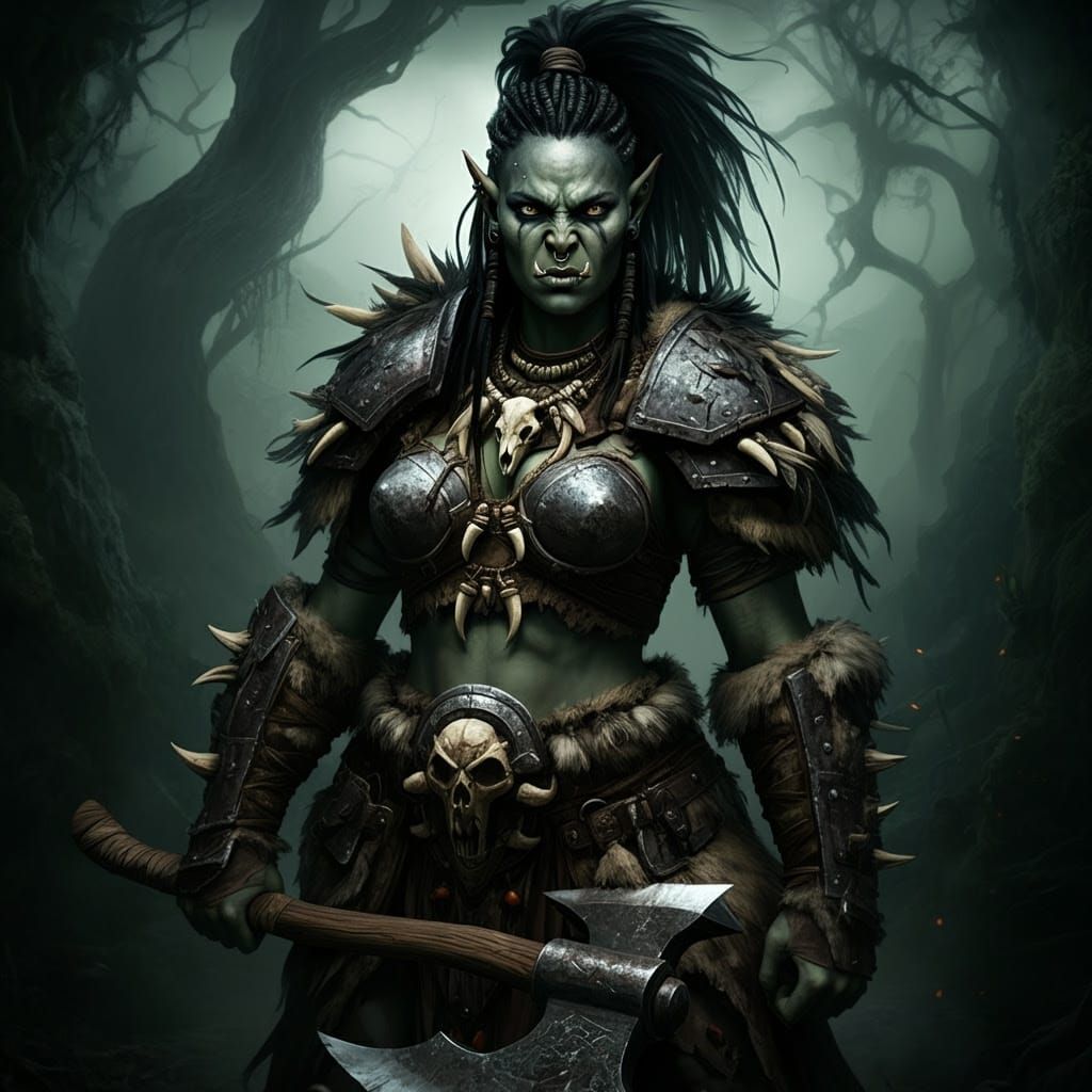 Dark-Moody Female Orc Warrior in Ancient Forest