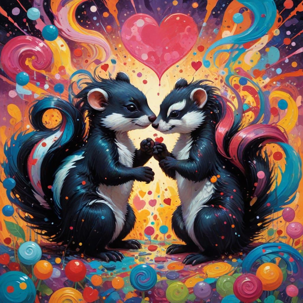 Whimsical Skunk Lovers Embrace in a Cosmic Comic Book Scene