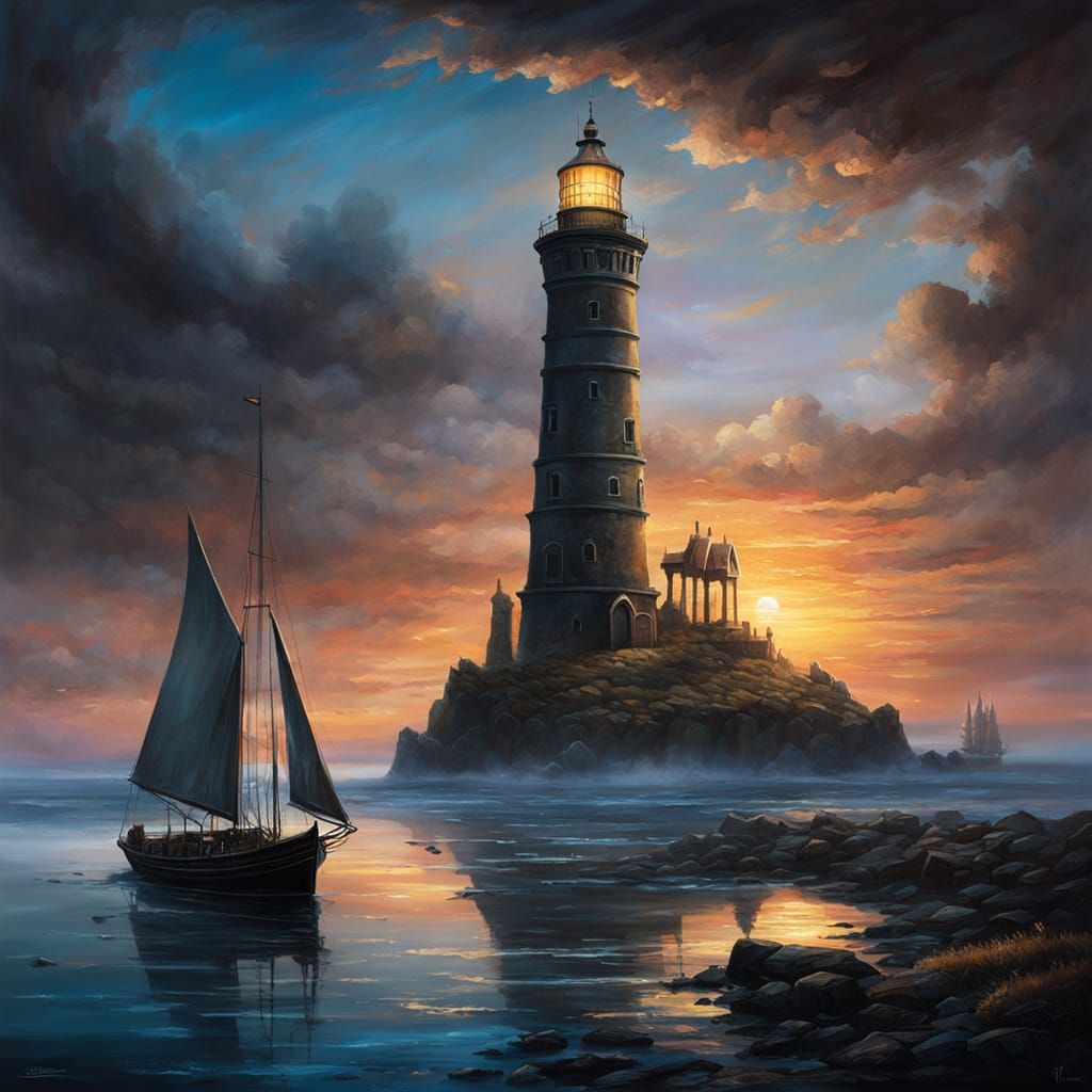 Eerie Sunset Landscape with Lighthouse in Gothic Style
