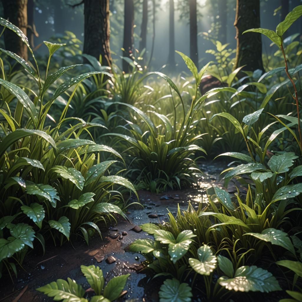 Detailed Morning Dew in Forest: 3D Cinematic Render