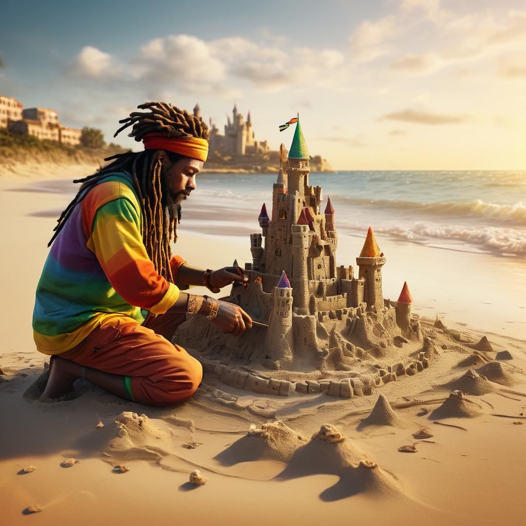 Hyper-Realistic Rastafarian Sandcastle Scene in Vibrant Colo...