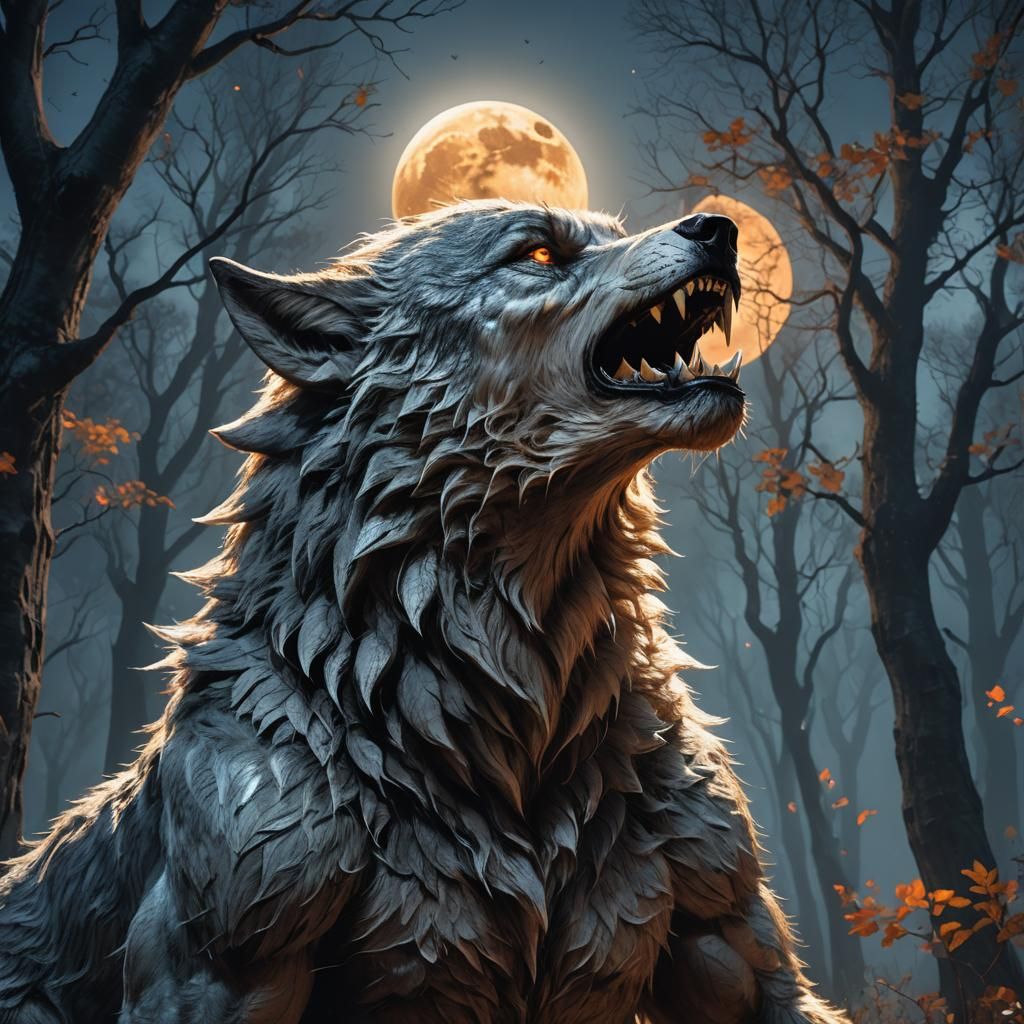 Silver Werewolf Howling at Moon: Fantasy Concept Art