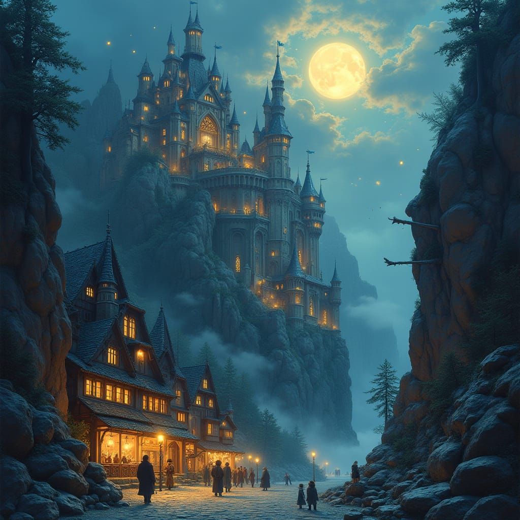 Fantasy Palace Carved into Cliffside at Night