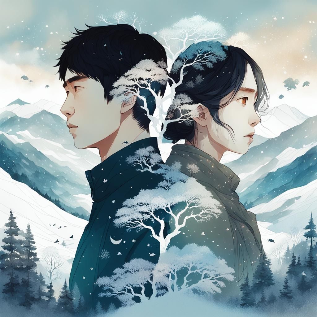 Seasonal Couple in Fantastical Landscape: Manhwa-Inspired Po...