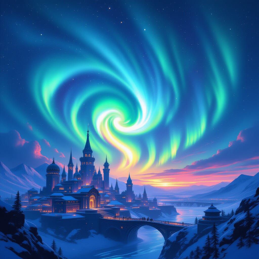 Aurora Over Dragon City in Digital Art Style