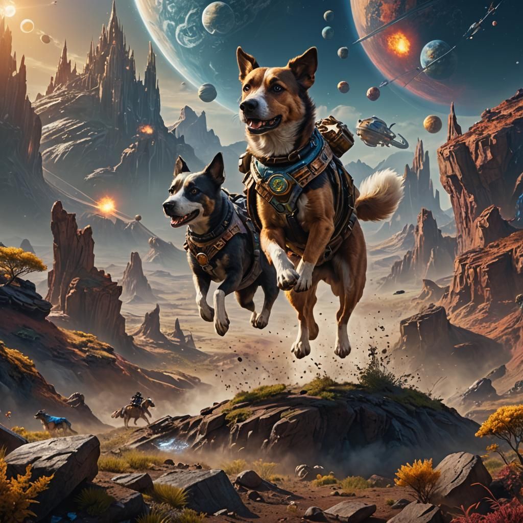 A Dog Rides the Cosmos in Vibrant, Dreamlike Scenery