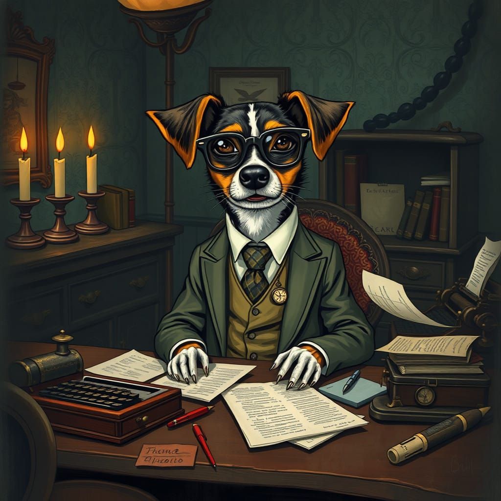 A Whimsical Canine Office Worker in a Gothic Study
