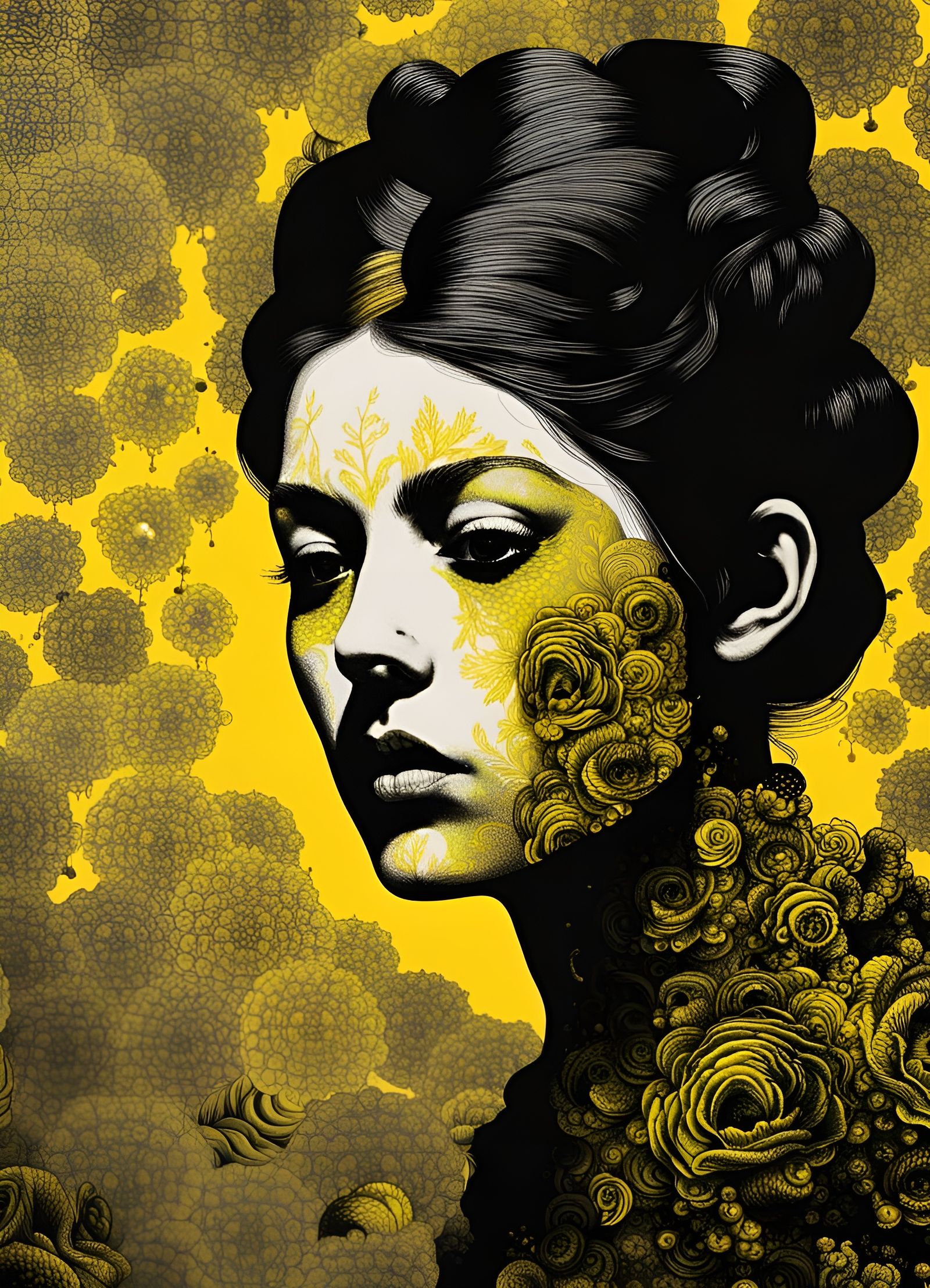 Psychedelic Black and Yellow Woman's Face Screenprint