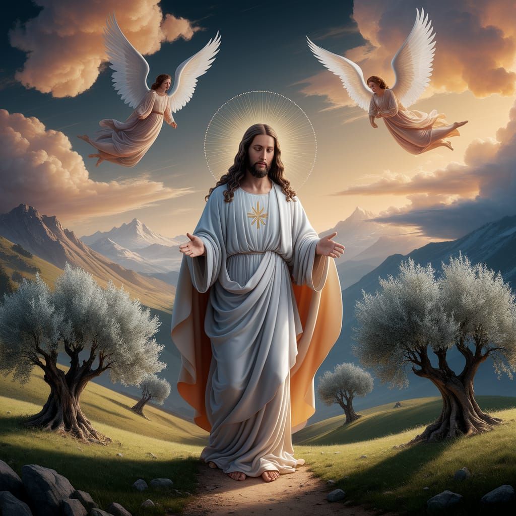 Jesus Christ in Heavenly Landscape Photograph