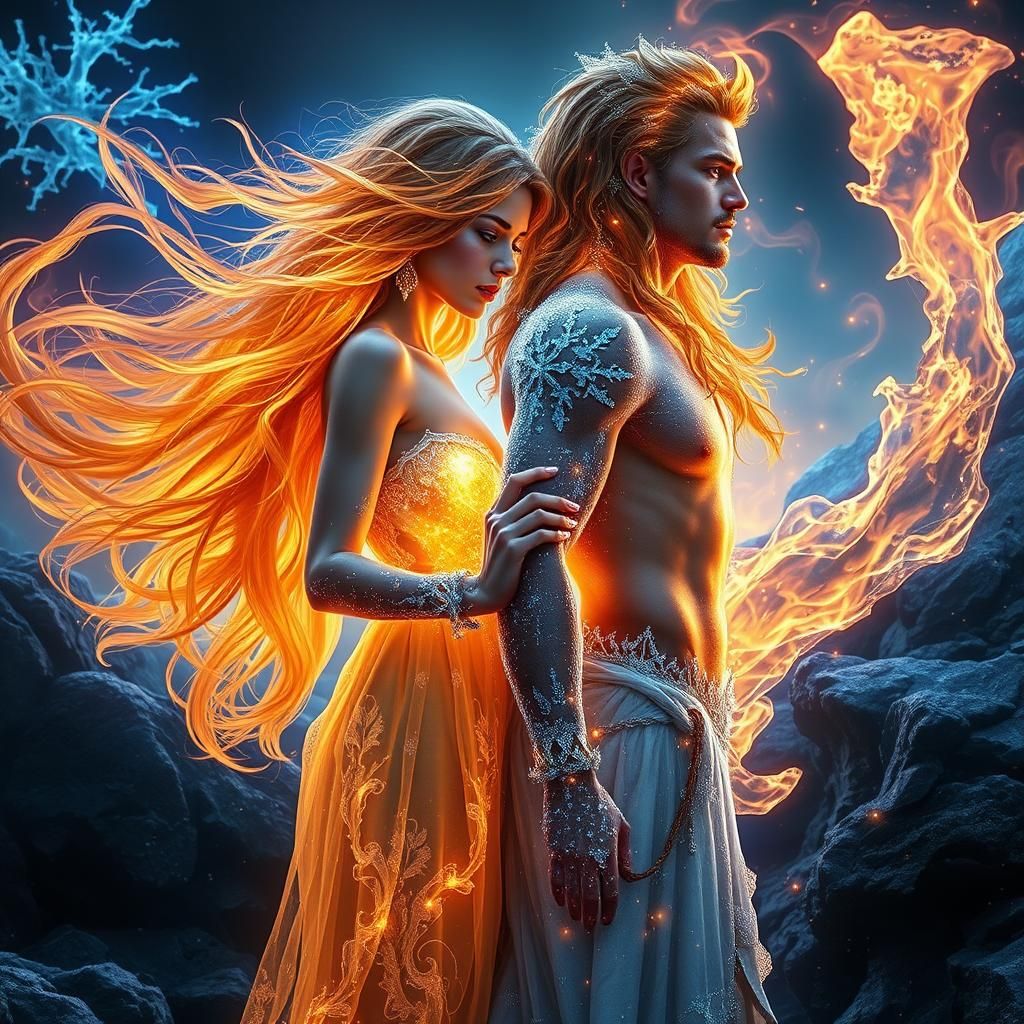 Elemental Lovers in a Surreal Landscape, Digital Art