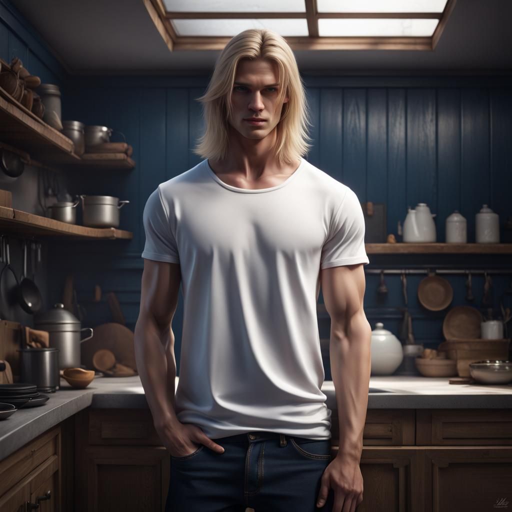 Gloomy Kitchen: Tall Blond Man in Detailed Digital Art