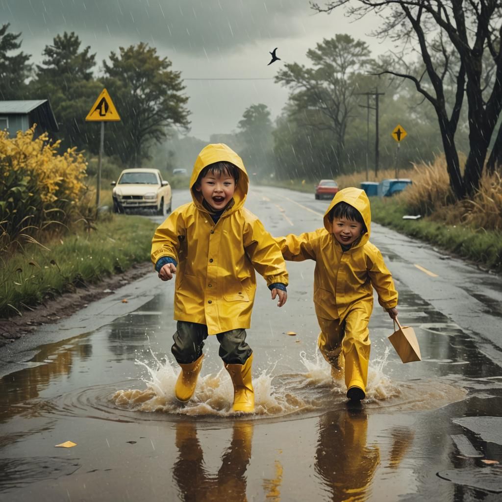 Boy Chasing Boat in Rain, Digital Pop Art