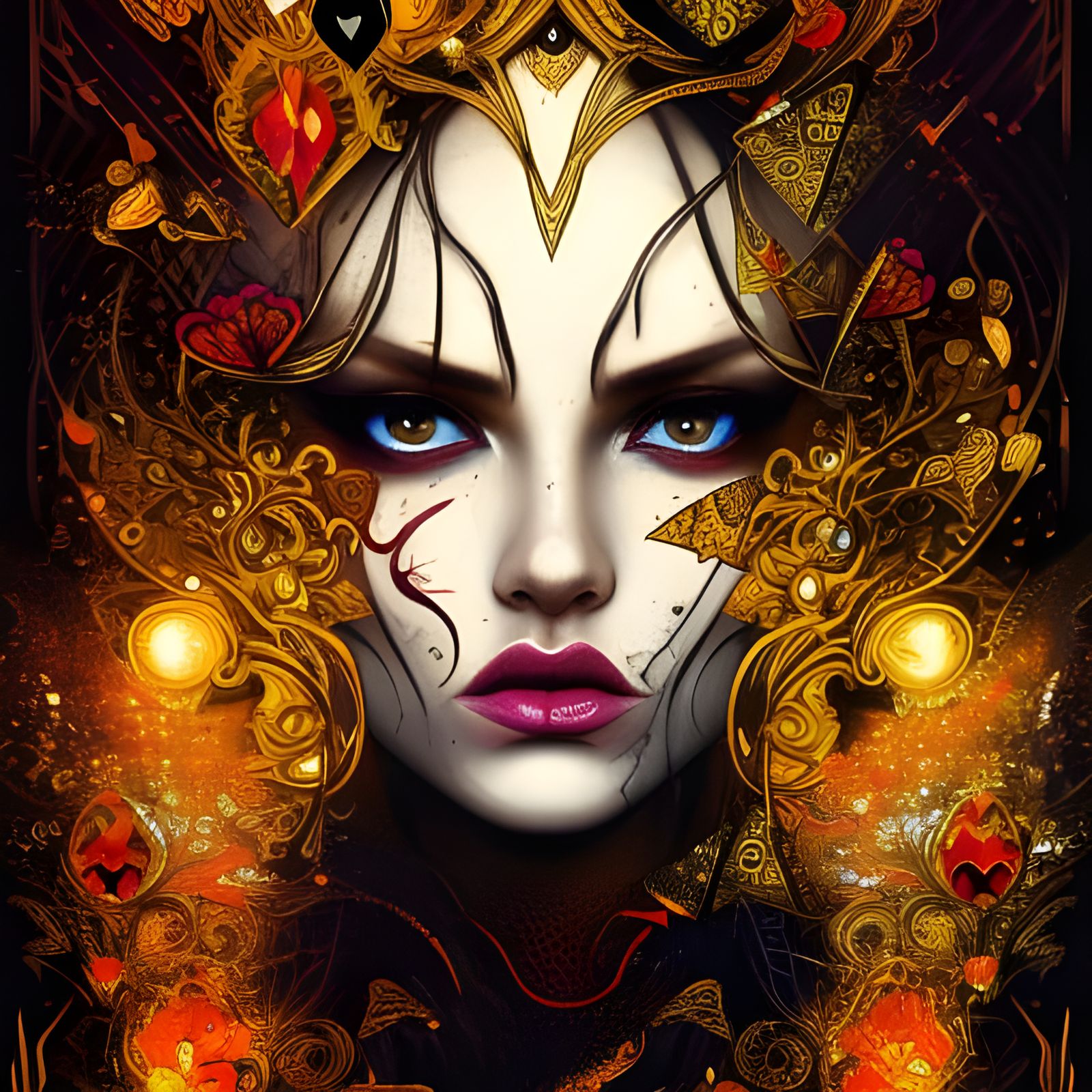 "The Queen of Black Hearts" on a playing card, luminous colors, golden outlines, intricately detailed, intricate motifs,...