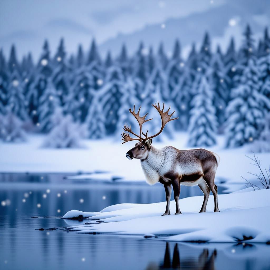 Photorealistic Caribou in Snowy Wilderness by Frozen Lake