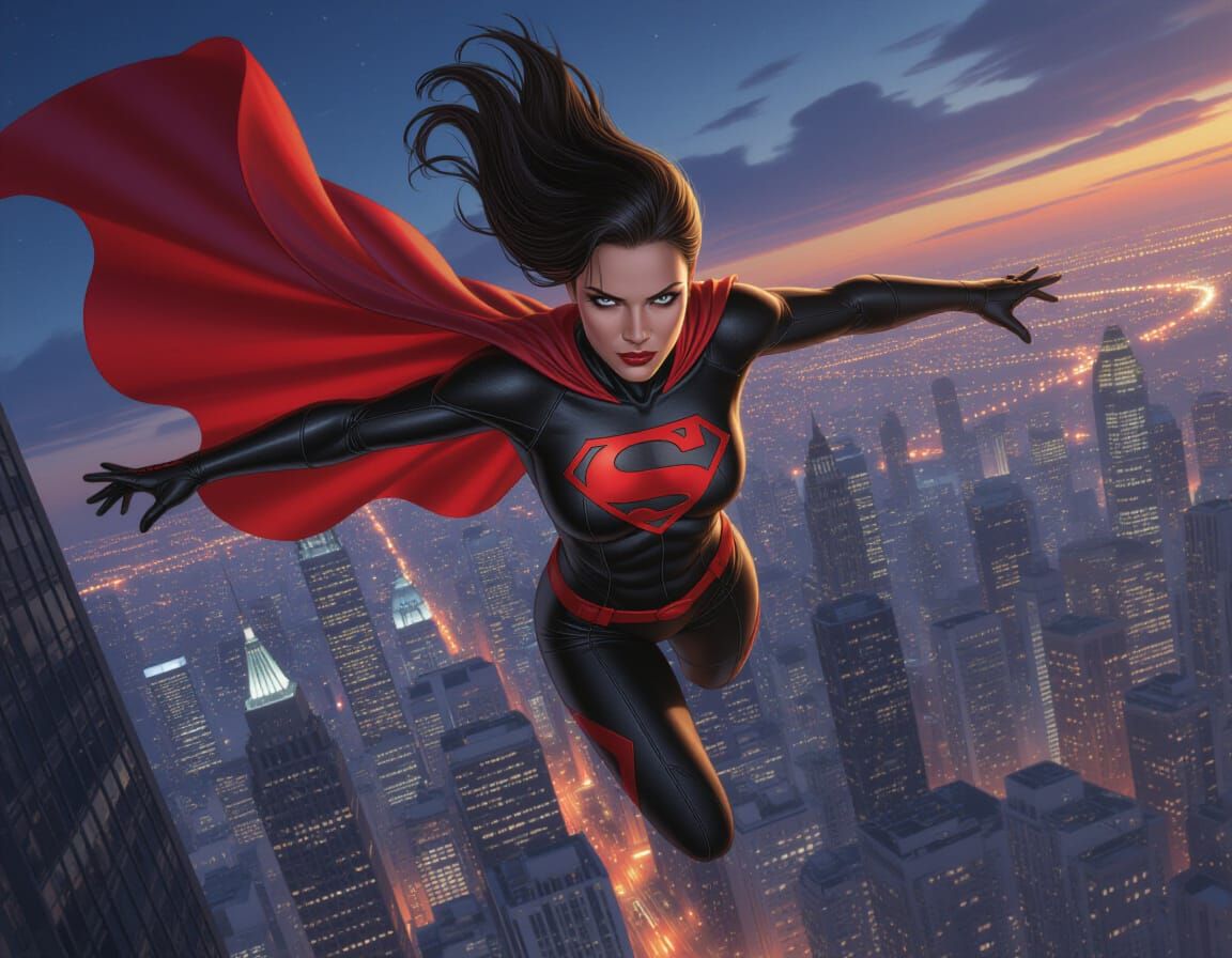 Supervillain Woman Soaring Over Cityscape in Michelangelo St...