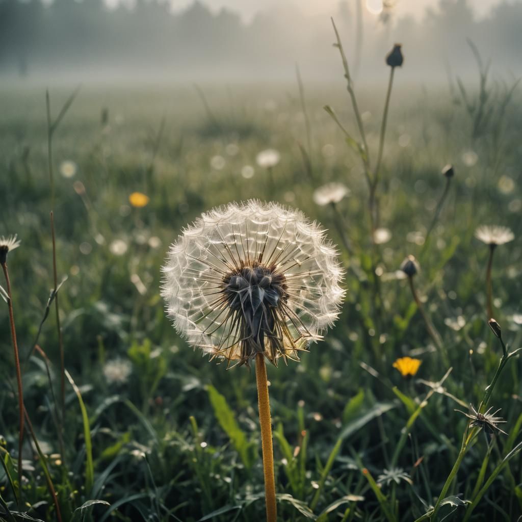 Hyperrealistic Dandelion in Misty Meadow Macro Shot
