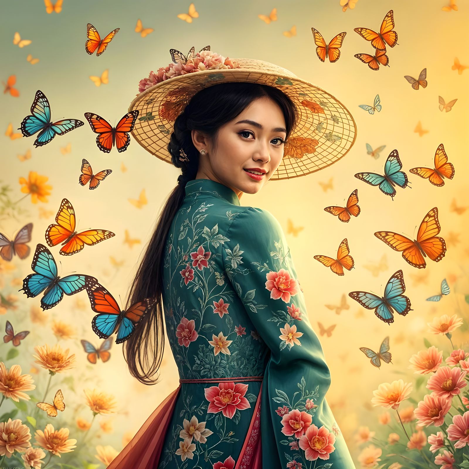 Ethereal Vietnamese Beauty Amidst Vibrant Butterflies
