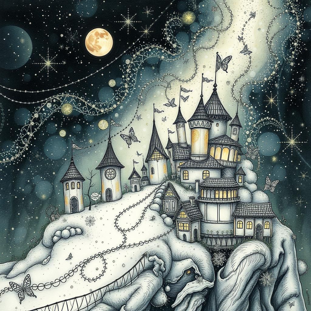 Delicate Fairy Village in Steampunk Folk Art Style