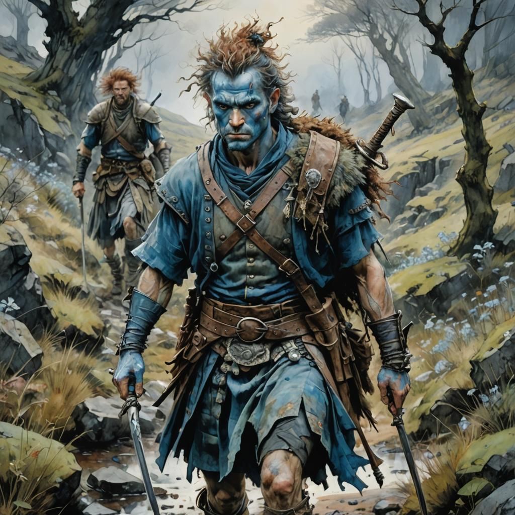 Blue-Skinned Warriors on the Moor: A Fantasy Illustration