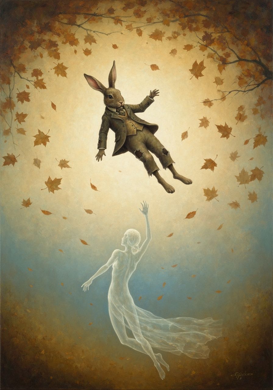 Surrealist Oil Painting of Rabbit Falling in Autumn Landscap...