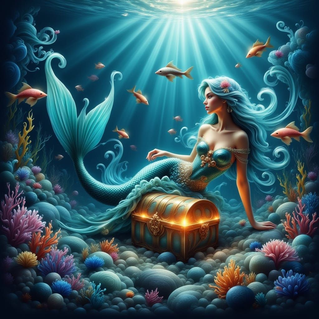 Enchanted Mermaid Guarding Sunken Treasure Chest