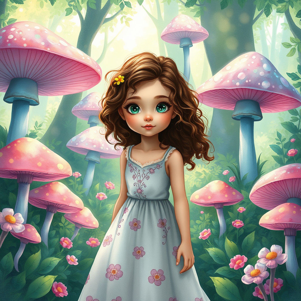 Girl in Mystical Mushroom Forest, Watercolor Style